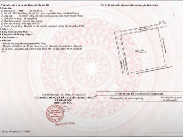 Bán 1 lô đất trong KCN Bàu Bàng tỉnh Bình Dương tổng diện tích đất 60.613 m2
